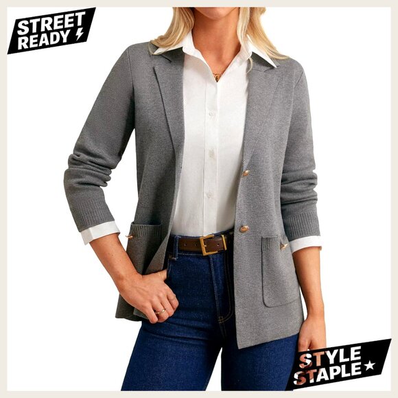 Sweater Blazer Open Front Lapel Business Casual Cardigan Work Jacket Pockets